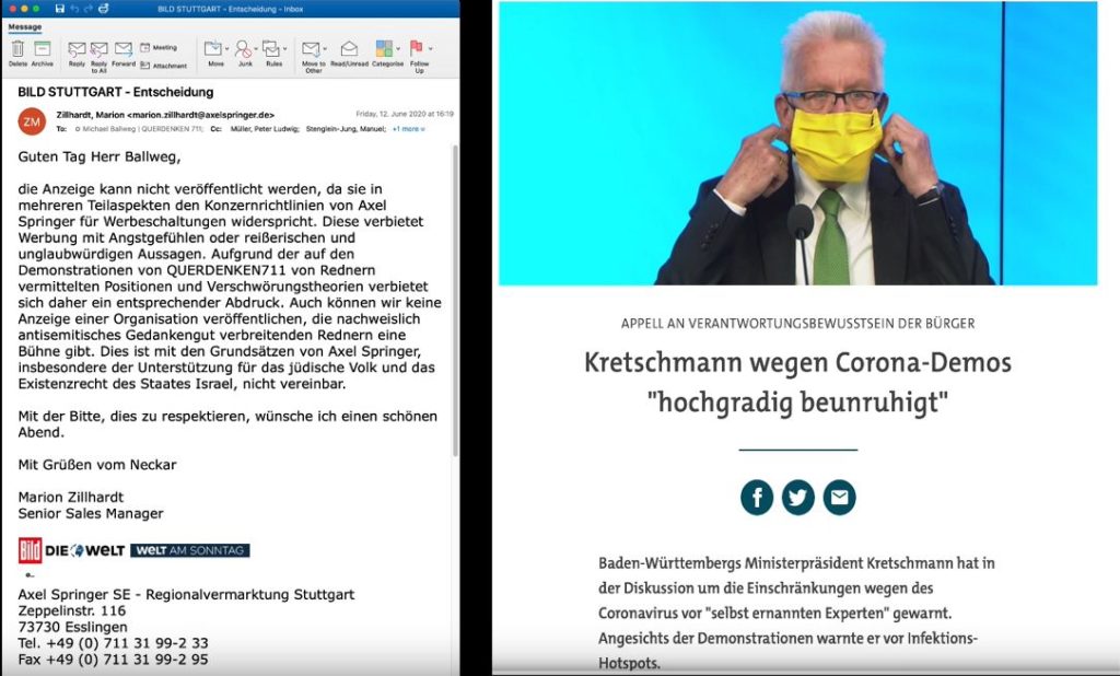 Die Bildzeitung lehnt eine Anzeigenschaltung der deutschlandweiten Organisation für die Grundrechte “Querdenken” ab